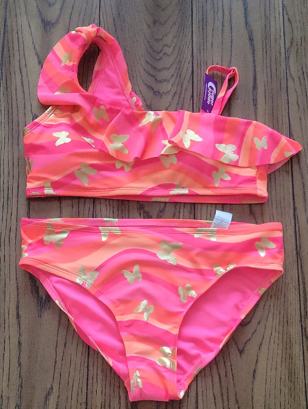 Sugar And Jade Neon Pink & Orange Butterfly Ruffle Bikini Swimsuit SZ XL 16-18